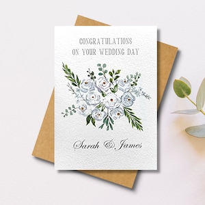 Personalisierte Hochzeitskarte | weiße Rosen | Ehe | Brautpaar Braut und Bräutigam | Herr & Frau | Frisch geheiratet | Handgemachte Aquarell Karte