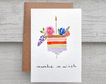 Original hand painted birthday card - free personalised text / watercolour card / Rainbow Cake