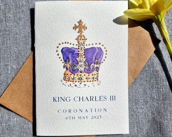 Coronation King Charles III | Celebration Crown Card | Handmade Watercolour | gold handcrafted | British Royal Family