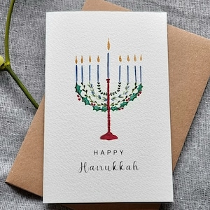 Carte de voeux personnalisée de Hanoucca | Joyeux Hanoucca fabriqué à la main | Conception de menorah | Carte vierge A6 | Aquarelle peinte à la main
