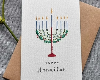Carte de voeux personnalisée de Hanoucca | Joyeux Hanoucca fabriqué à la main | Conception de menorah | Carte vierge A6 | Aquarelle peinte à la main