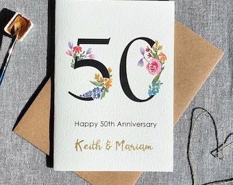 Tarjeta de felicitación personalizada para el 50.º aniversario de bodas - Felicitaciones personalizadas para mamá y papá - Pareja de 50 años - Acuarela hecha a mano