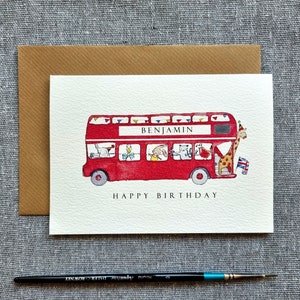 Tarjeta de cumpleaños personalizada de autobús londinense para niño, niña, nieto, nieta, autobús de dos pisos, acuarela hecha a mano, animales, niños