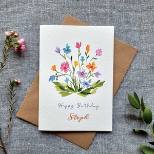 Tarjeta de cumpleaños personalizada para madre, abuela, sobrina, amiga, hija / Agregue un nombre / Acuarela hecha a mano / Naturaleza, Flores silvestres