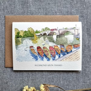 London Richmond Upon Thames Card, punto di riferimento, lungofiume, compleanno, arte murale, biglietto di auguri per amici, famiglia, viaggio, fatto a mano, acquerello
