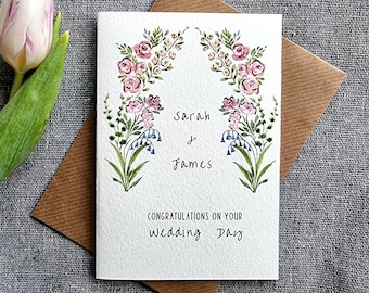 Personalised Wedding Card | Handmade Watercolour card | Marriage | Newlyweds Bride and Groom | Mr & Mrs | Just Married | Floral