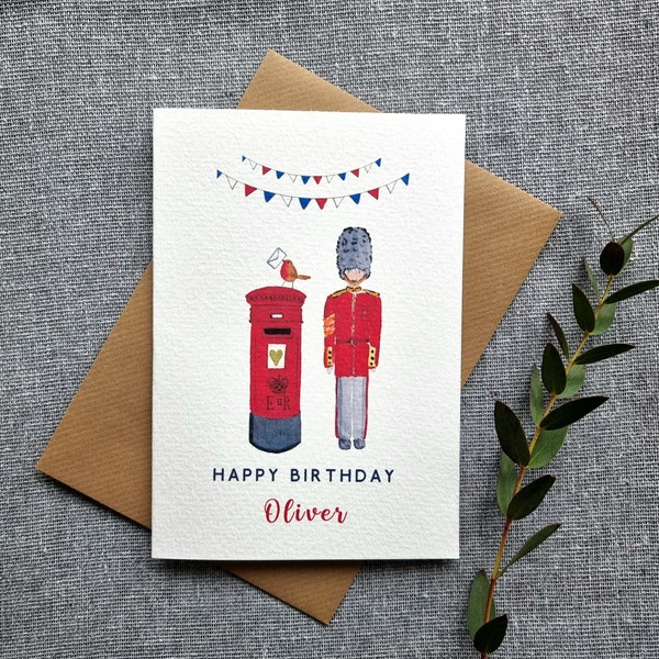 Personalised London Birthday Card for Him, Her, Son, Daughter | London souvenir, Royal guard, postbox | handmade watercolour, add a name