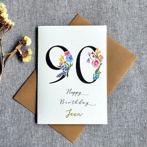 Cartão personalizado de 90º aniversário para avó, avô, mãe, pai | Floral, aquarela, feito à mão | noventa, nonagésimo