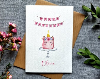 Personalised Unicorn Cake Birthday Card | Watercolour , gold painted | handmade, customised birthday card for girls, babies