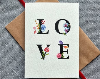 L-O-V-E Card | Hand Crafted | Love letters floral design | A6 Blank Card | Watercolour | anniversary gift for him or for her