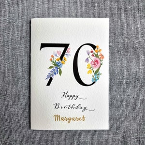 Personalisierte 70er Jahre Karte für Großmutter, Mutter, Schwiegermutter, Oma, Oma | Geburtstag| Floral, Aquarell, handgemacht | Namen hinzufügen | siebzig
