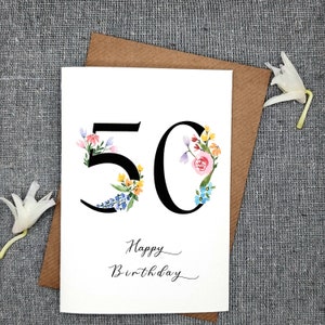 Carte personnalisée du 50e anniversaire | ajouter un nom | aquarelle, quarantième, quarante anniversaire, carte pour elle, floral, des roses, fleurs, anniversaire
