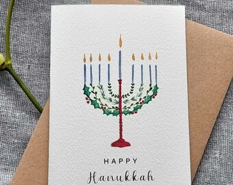 Biglietto d'auguri personalizzato per Hanukkah / Felice Hanukkah realizzato a mano / Design Menorah / Biglietto vuoto A6 / Acquerello dipinto a mano