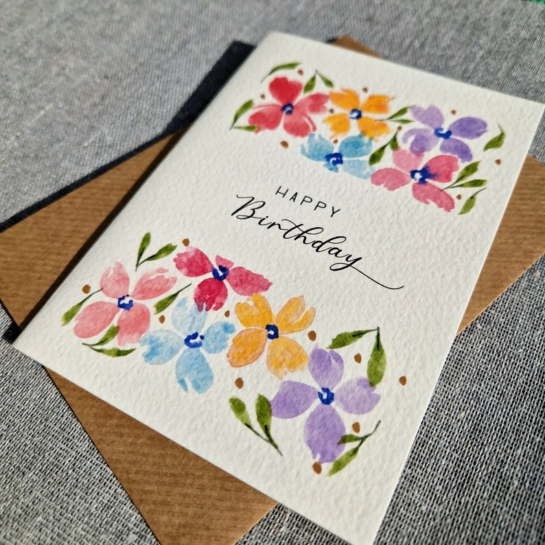 Personalised Birthday Card Colourful Flowers Watercolour handmade Floral, handmade Personalised text image 4