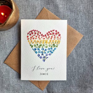 Biglietto di anniversario personalizzato per fidanzato, fidanzata, partner, marito, moglie / Fatto a mano / Cuore d'amore arcobaleno