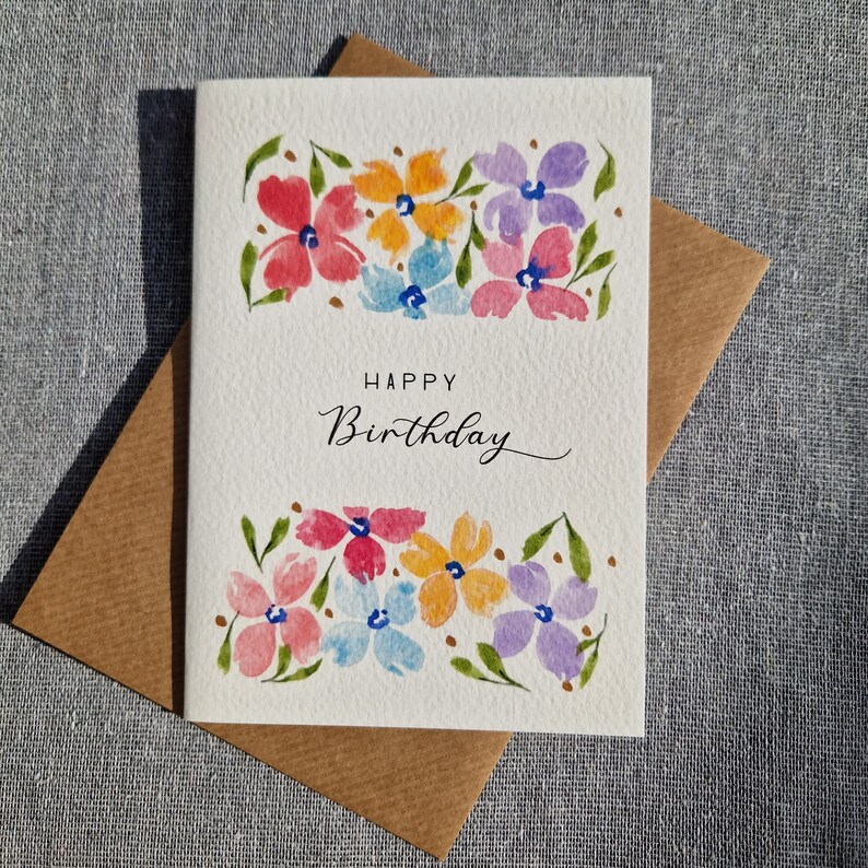 Personalised Birthday Card Colourful Flowers Watercolour handmade Floral, handmade Personalised text image 5