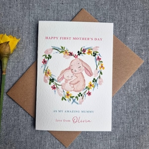 Première carte personnalisée de fête des mères, lapins, maman, maman, carte florale de maman, fait main, aquarelle