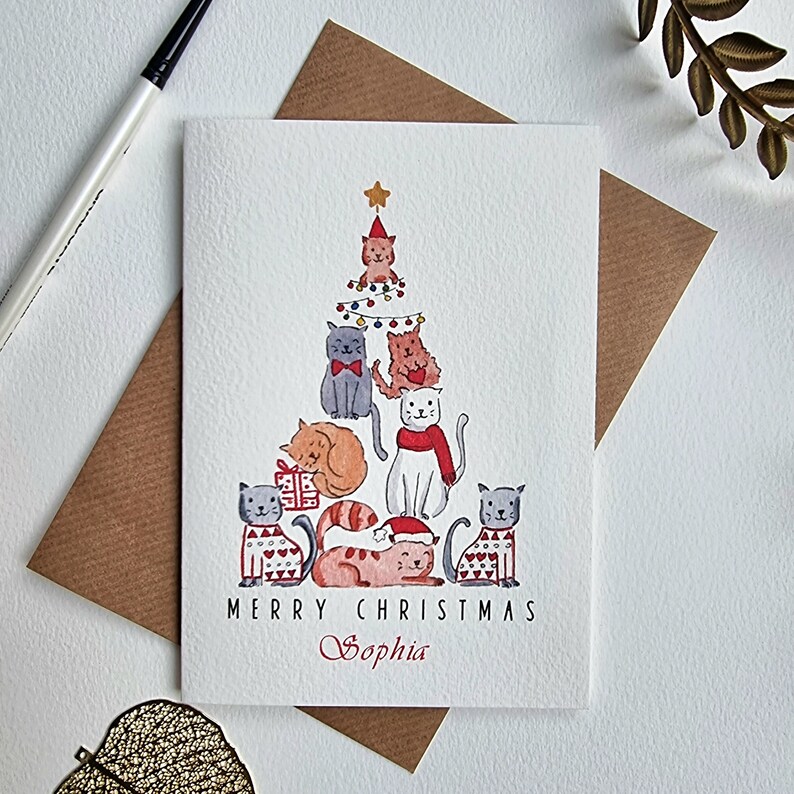 Personalised Cat Lover Christmas Card Christmas Cat Tree Handmade