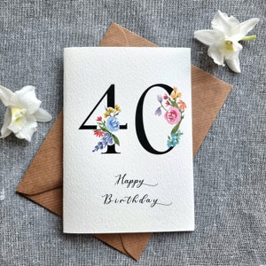 Carte 40e anniversaire personnalisée | Ajouter un nom | aquarelle, quarantième, quarante anniversaire, carte pour elle, floral, roses, fleurs, anniversaire