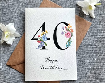 Personalised 40th Birthday Card | add a name | watercolour, fortieth, forty birthday, card for her, floral, roses, flowers, anniversary