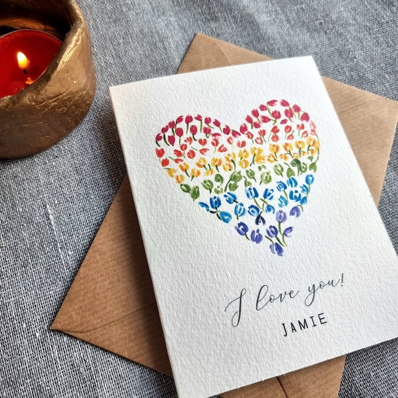 Personalised Anniversary Card for boyfriend, girlfriend, partner, husband, wife Handmade Rainbow Love Heart image 2