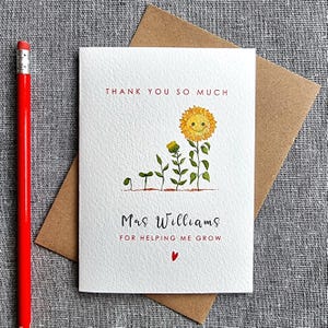 Carte de remerciement personnalisée pour professeur, fin d'année, design floral tournesol, école, étudiant, fait main, aquarelle