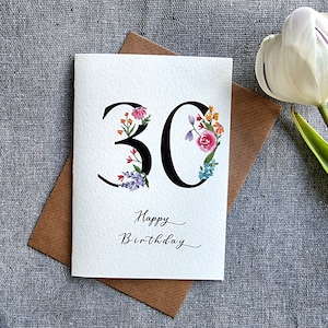 Carte d'anniversaire personnalisée 30e | ajouter un nom | aquarelle, quarantième, quarante anniversaire, carte pour elle, floral, des roses, fleurs, anniversaire