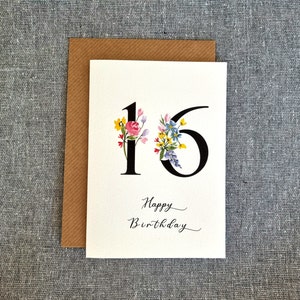 Cartão de aniversário personalizado de 16 anos | Floral, aquarela, feito à mão | Adicione um nome | sexagésimo | sessenta anos | cartão para ela | flores, rosas