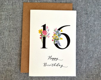 Personalised 16th Birthday Card | Floral, watercolour, hand made | Add a name | sixtieth | sixty years | card for her | flowers, roses