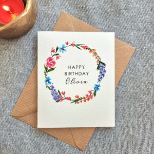 Personalisierte Geburtstagskarte mit Blumenkranz | Aquarell handgefertigt | Blumen, Naturliebhaberin, Karte für sie, Namen, Nummer hinzufügen, individuell gestaltet