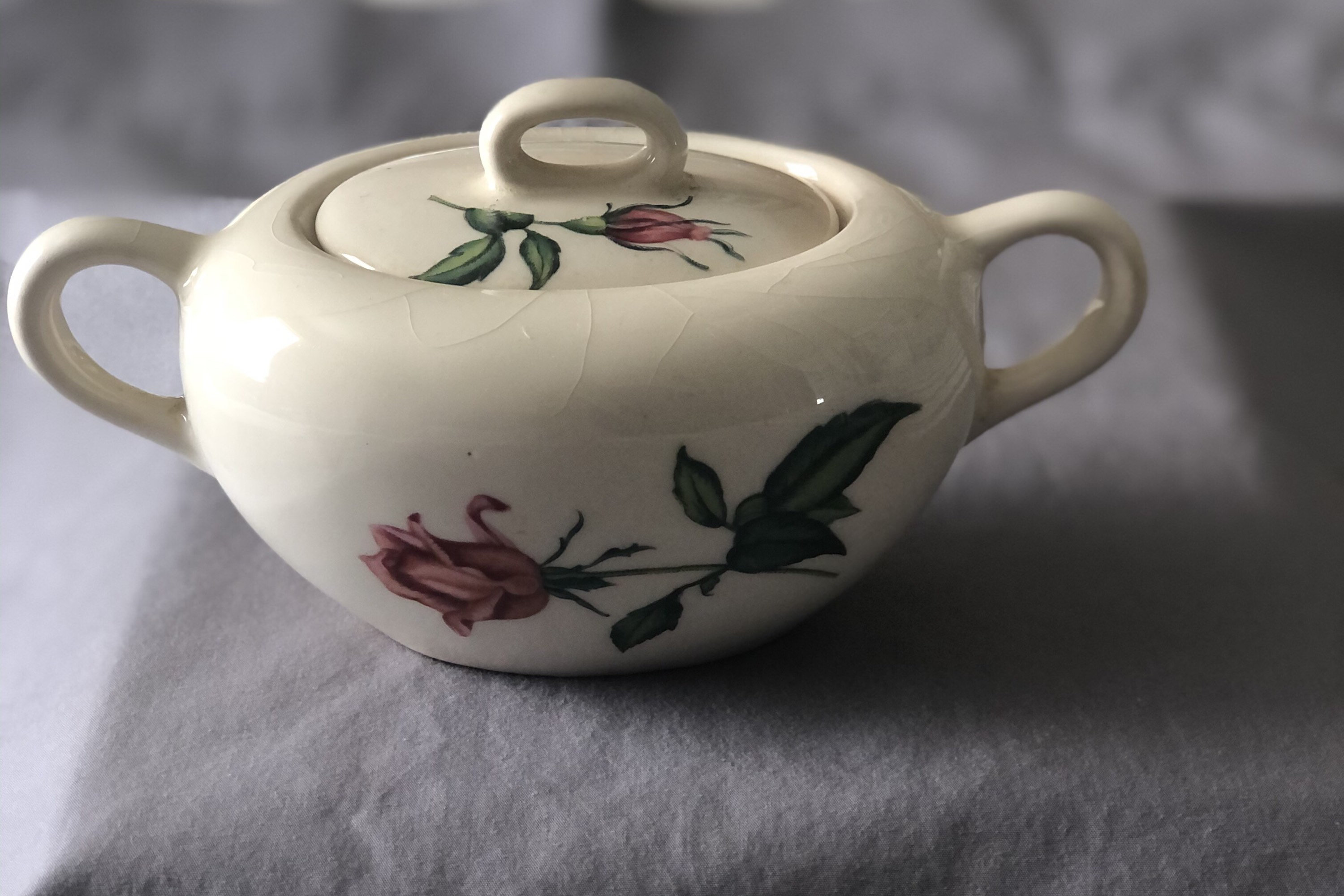 Rose patterned sugar bowl with handles and lid made in the Etsy