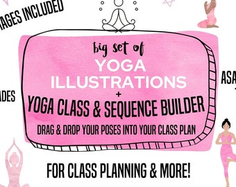 200+ Yoga Poses + Canva Class Planner + Canva Pose Card Template - 4 Shades of Pink - Yoga Class Planner Template- Over 1000 images included