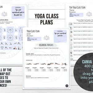 May include: A printable yoga class plan template with a lotus flower design. The template includes sections for level, duration, beginning thoughts, inspirational quotes, and poses. The text "CANVA OPTION 400 poses to drag & drop into your class plan" is in a circle at the bottom right corner of the image.