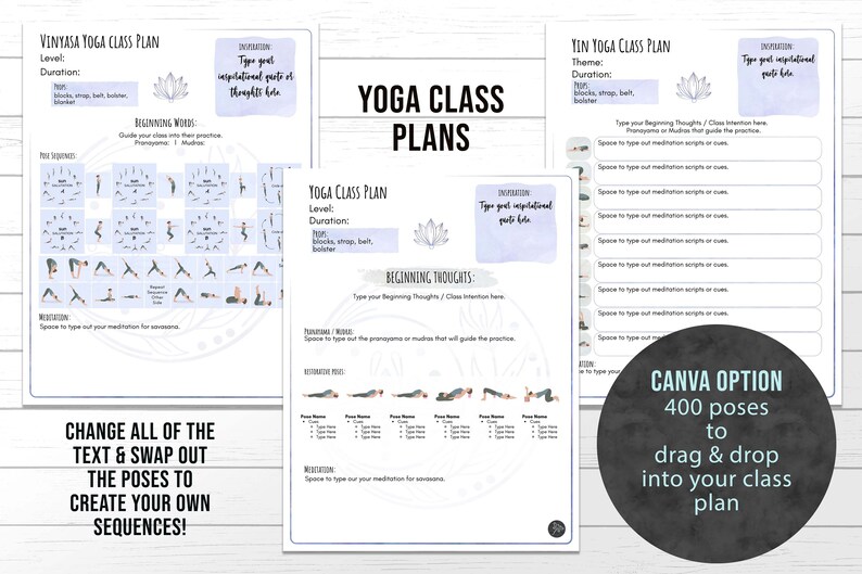 May include: A printable yoga class plan template with a lotus flower design. The template includes sections for level, duration, beginning thoughts, inspirational quotes, and poses. The text "CANVA OPTION 400 poses to drag & drop into your class plan" is in a circle at the bottom right corner of the image.