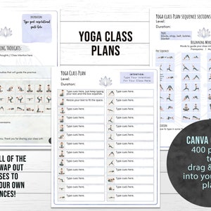 May include: A printable yoga class plan template with a watercolor background. The template includes sections for level, duration, intention, beginning thoughts, pose sequence, and meditation. The template also includes a Canva option with 400 poses that can be dragged and dropped into the plan.