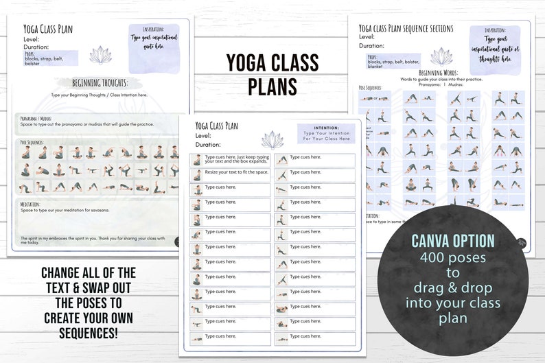 May include: A printable yoga class plan template with a watercolor background. The template includes sections for level, duration, intention, beginning thoughts, pose sequence, and meditation. The template also includes a Canva option with 400 poses that can be dragged and dropped into the plan.