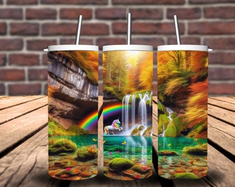 Cascade et licorne, emballage gobelet skinny 20 oz, sublimation, emballage PNG, printemps, arcs-en-ciel, licornes