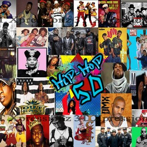 May include: A collage of images celebrating 50 years of hip-hop music. The collage features portraits of iconic hip-hop artists, album covers, and other imagery related to the genre. The text "Hip-Hop 50" is prominently displayed in the center of the collage.