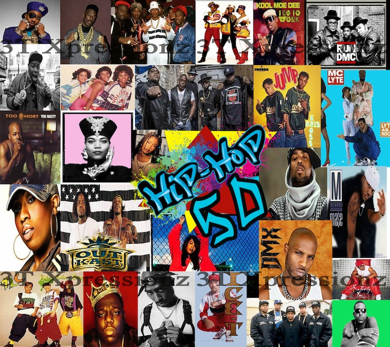 May include: A collage of images celebrating 50 years of hip-hop music. The collage features portraits of iconic hip-hop artists, album covers, and other imagery related to the genre. The text "Hip-Hop 50" is prominently displayed in the center of the collage.