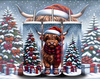 Emballage de gobelet de Noël Moo : vache Highland PNG (téléchargement numérique)