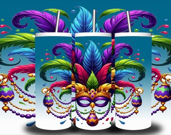Emballage de verre de Mardi Gras : plumes colorées, motif de masque (PNG)