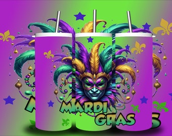 Emballage pour gobelet masque de Mardi Gras : gobelet mince 20 oz par sublimation (PNG)