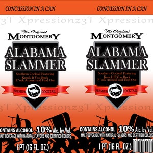 May include: Two labels for "Alabama Slammer" cocktail cans. The labels feature the text "Concussion in a Can" at the top, with the brand name "The Original Montgomery" and the cocktail name in large letters. The labels also include the text "Contains Alcohol 10% Alc. by Vol."