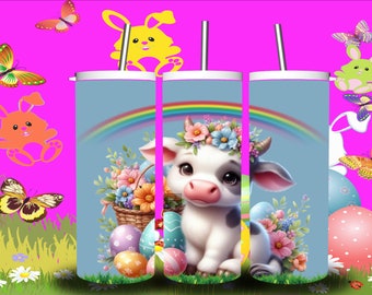 Emballage de gobelet arc-en-ciel vache Highland : motif veau de printemps (PNG)