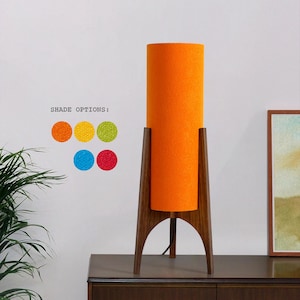 Encore Collection . Archie Rocket Table Lamp – Handmade Lampshade from Recycled Fabric & Hardwood Lamp Base – Mid Century Modern Retro Lamp