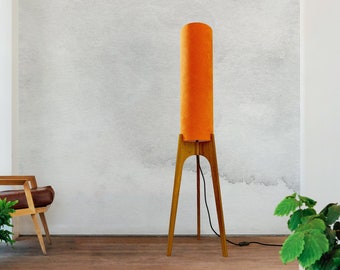 Orange - Archie Rocket Lamp | Mid Century Modern Inspired Rocket Floor Lamp Handmade with Hardwood and Recycled Fabric for MCM Home Decor