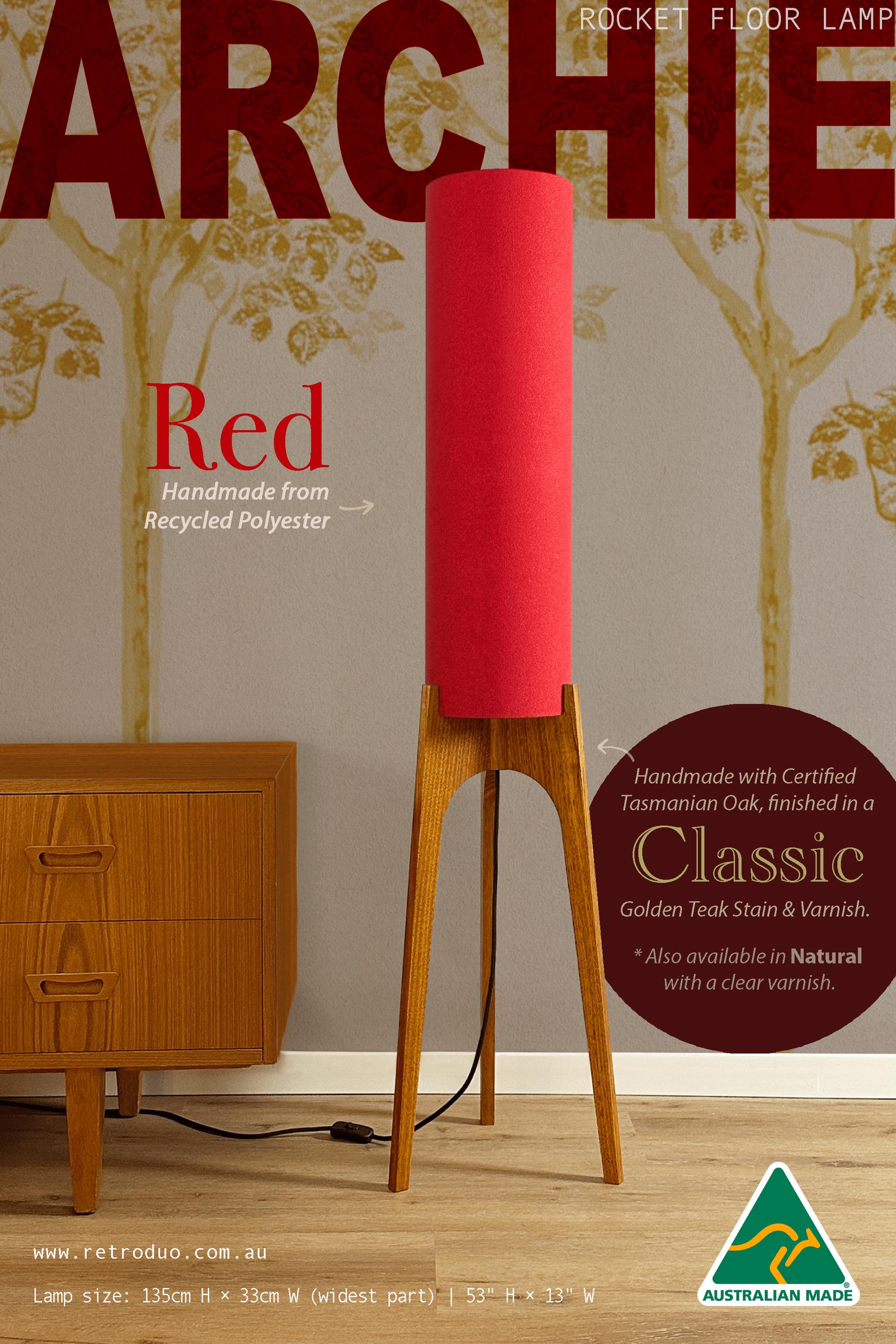 Red - Archie Rocket Lamp | Handmade Wooden Floor Lamp With Recycled ...
