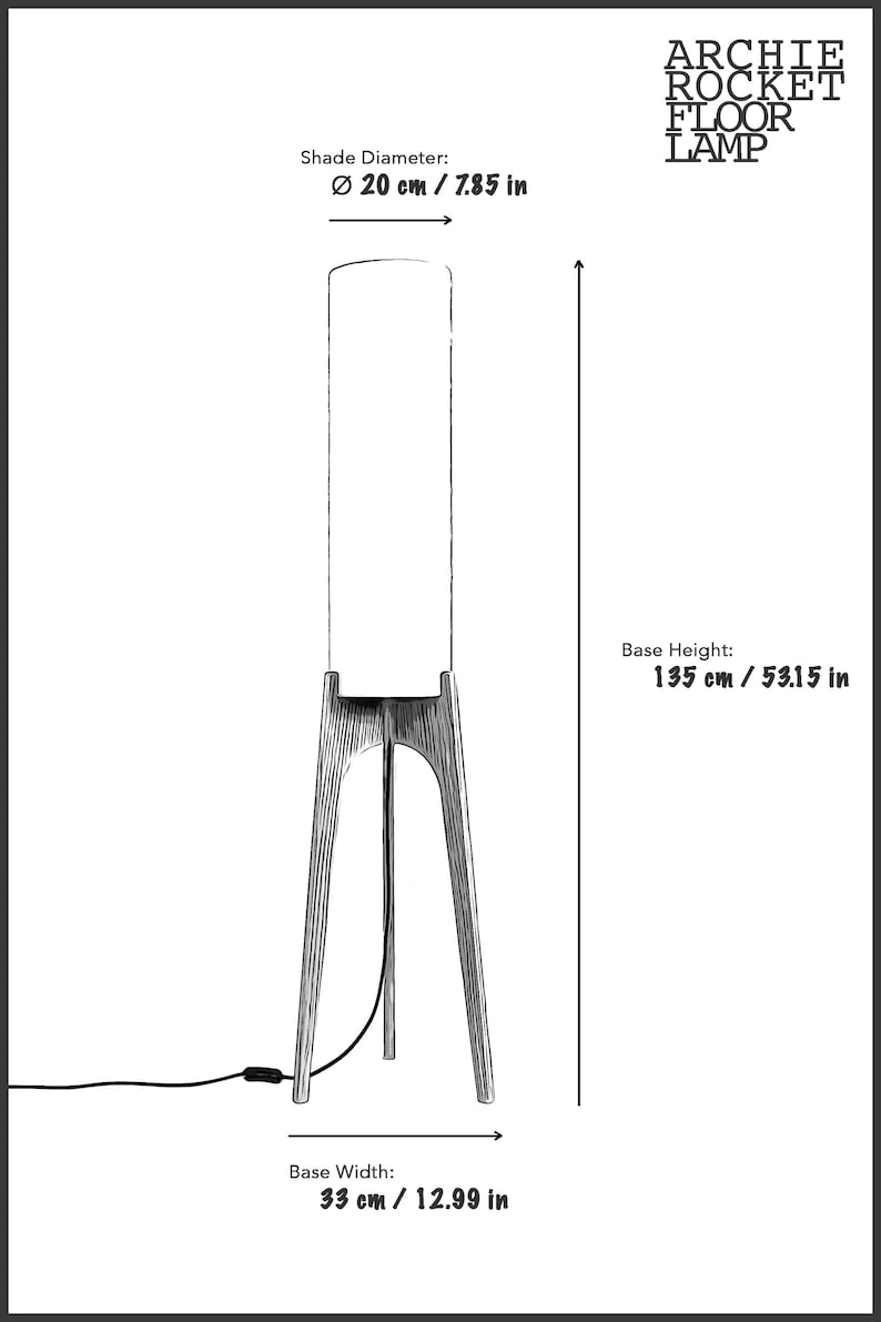 Archie Rocket Floor Lamp Dimensions - Lamp Type: Floor Lamp / Standing Lamp Lamp Height: 135 cm / 53.15 inches Lamp Width: 33 cm / 12.99 inches Lampshade Diameter: 20 cm / 7.85 inches