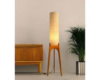 Beige Edit - Handmade Wooden Floor Lamp – Mid Century Modern Rocket Lamp handcrafted with Tasmanian Oak & Recycled Fabric Lampshade