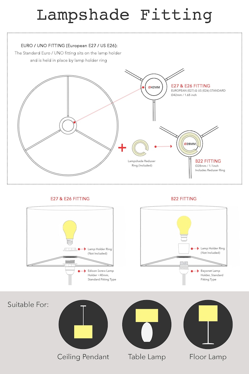 Lampshade fitting guide showing Euro/UNO fitting for E27 and E26 lamp holders, with optional reducer ring for B22.